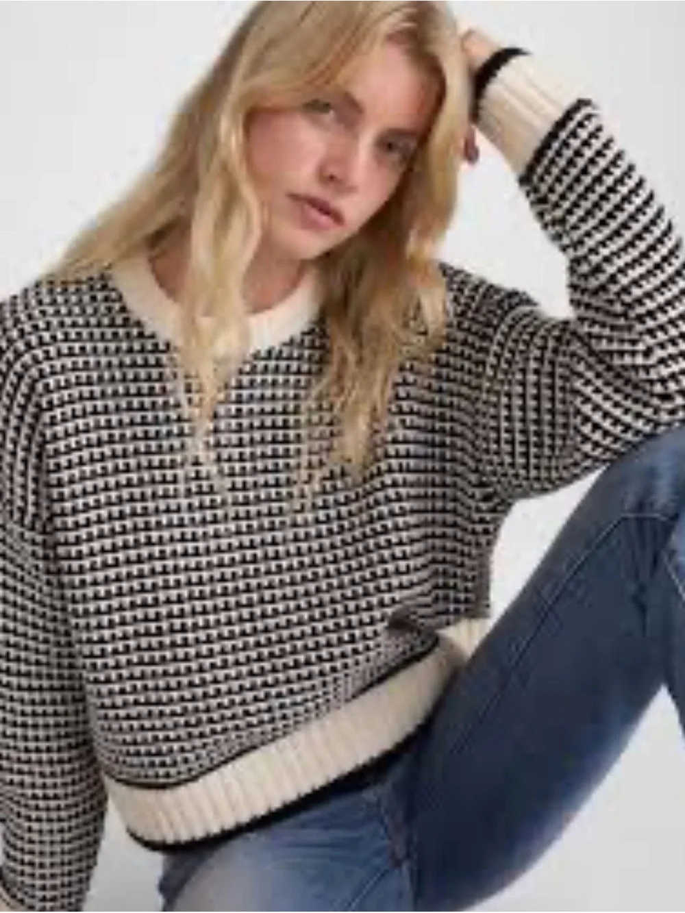 NWT Madewell Textured-Stitch Crewneck Sweater Ivory Black Stripe Size L